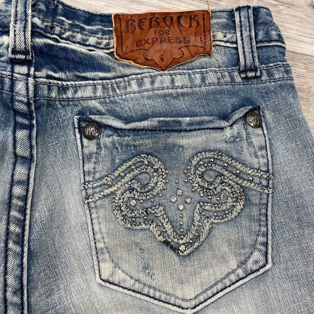 🔥Y2K Rerock Express Flare Bootcut Jeans Low Rise Rhinestone Stretch Distress - Picture 6 of 15